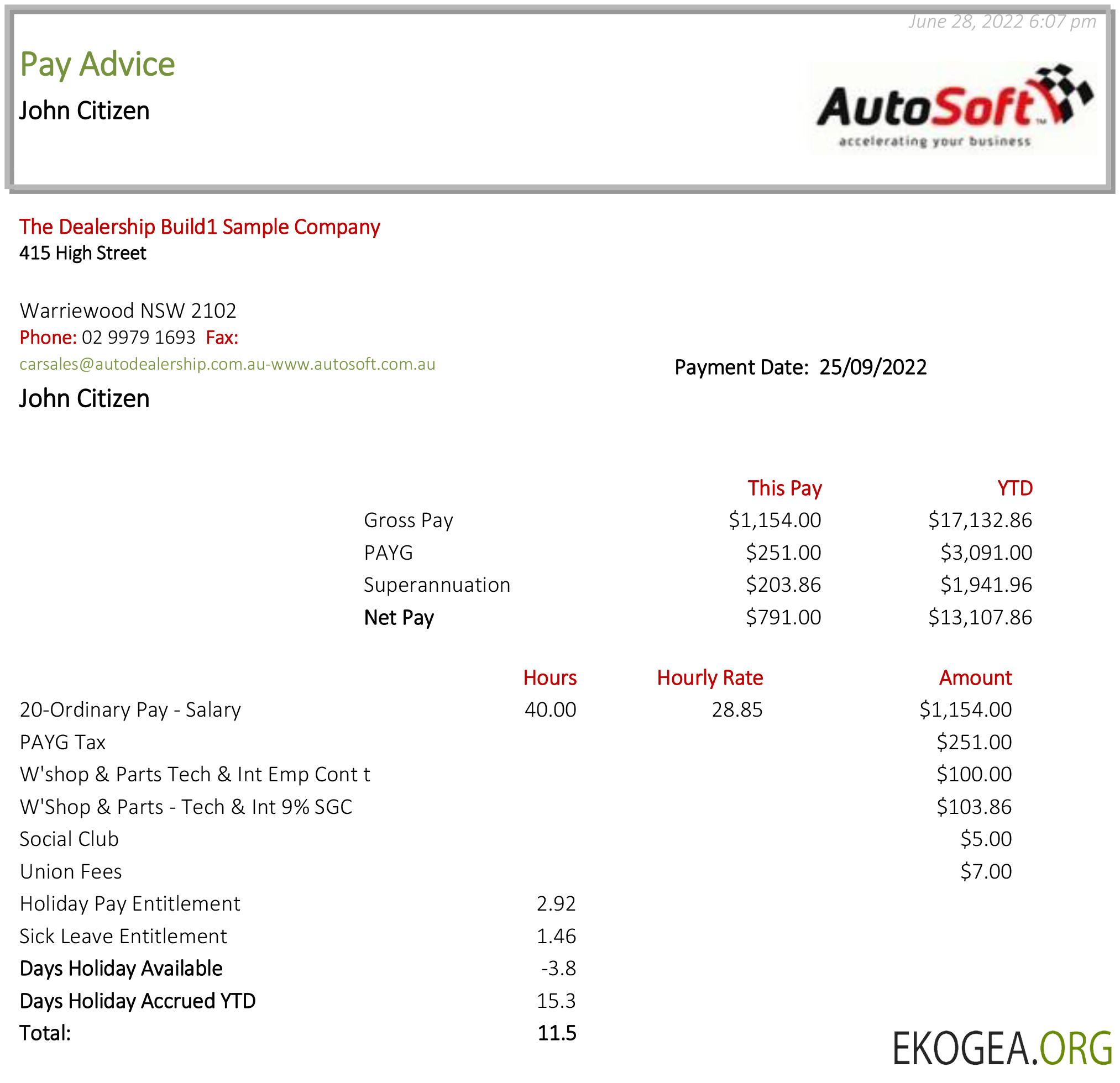 Australie NSW AutoSoft fiche de paie
